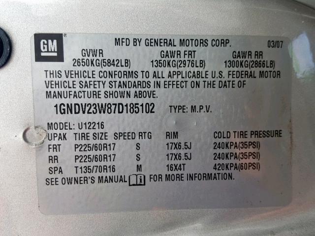 1GNDV23W87D185102 - 2007 CHEVROLET UPLANDER L ვერცხლისფერი ფოტო 10