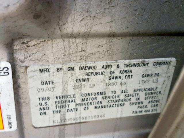 KL1TD66618B116346 - 2008 CHEVROLET AVEO BASE Күміс фото 10