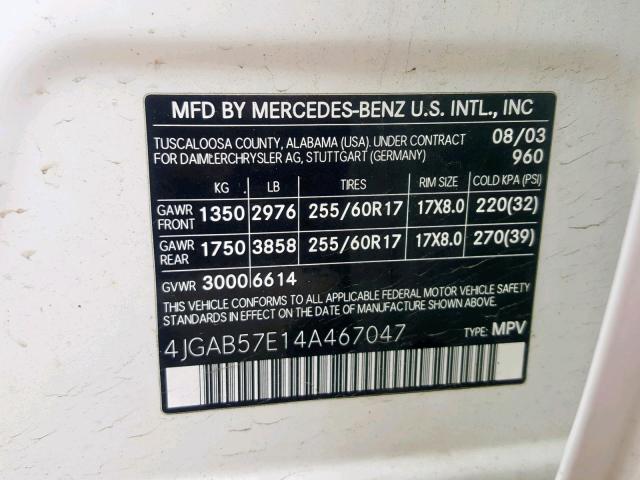 4JGAB57E14A467047 - 2004 MERCEDES-BENZ ML 350 WHITE photo 10