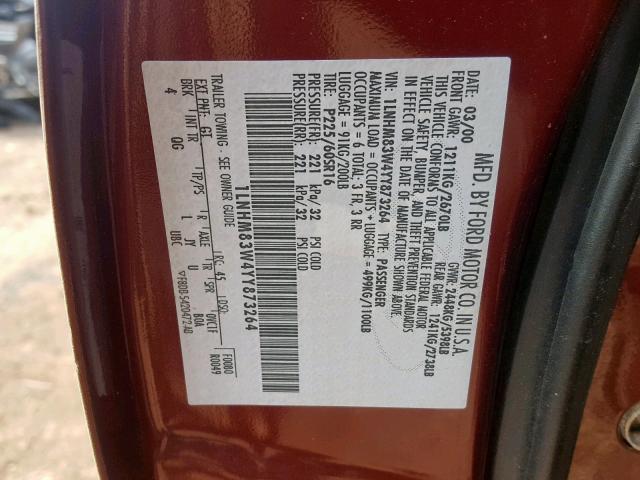 1LNHM83W4YY873264 - 2000 LINCOLN TOWN CAR C BURGUNDY photo 10