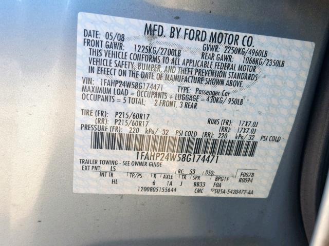 1FAHP24W58G174471 - 2008 FORD TAURUS SEL BLUE photo 10