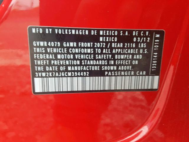 3VW2K7AJ6CM394492 - 2012 VOLKSWAGEN JETTA BASE RED photo 10