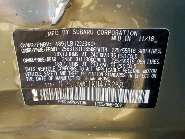 JF2SKAWC1KH473258 - 2019 SUBARU FORESTER T GREEN photo 10