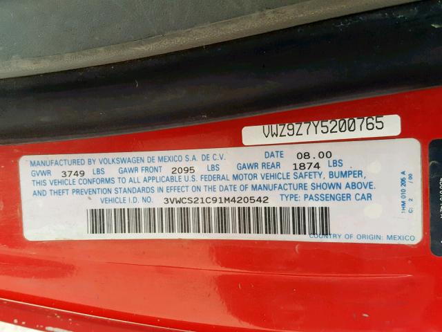 3VWCS21C91M420542 - 2001 VOLKSWAGEN NEW BEETLE წითელი ფოტო 10