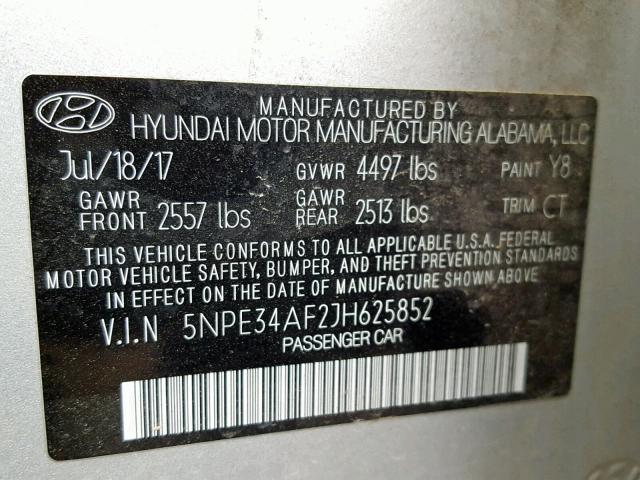 5NPE34AF2JH625852 - 2018 HYUNDAI SONATA SPO SILVER photo 10