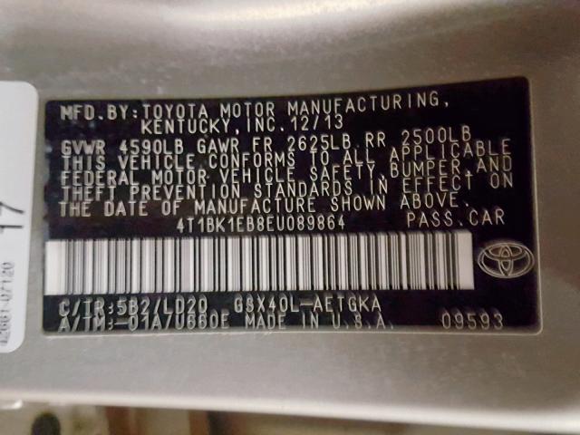 4T1BK1EB8EU089864 - 2014 TOYOTA AVALON BAS BEIGE photo 10