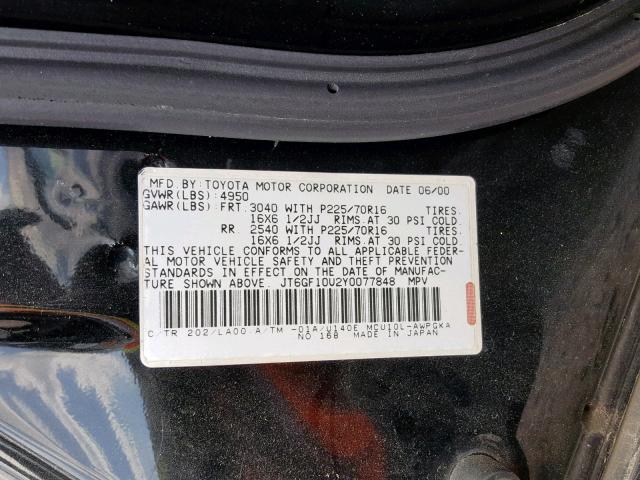 JT6GF10U2Y0077848 - 2000 LEXUS RX 300 BLACK photo 10