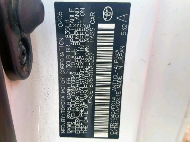 JTKDE167570185257 - 2007 TOYOTA SCION TC WHITE photo 10