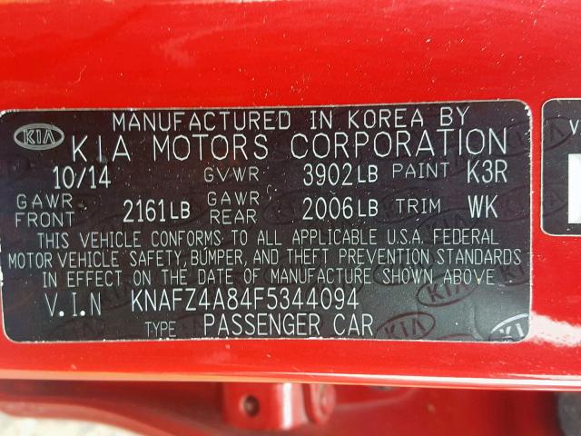 KNAFZ4A84F5344094 - 2015 KIA FORTE EX RED photo 10