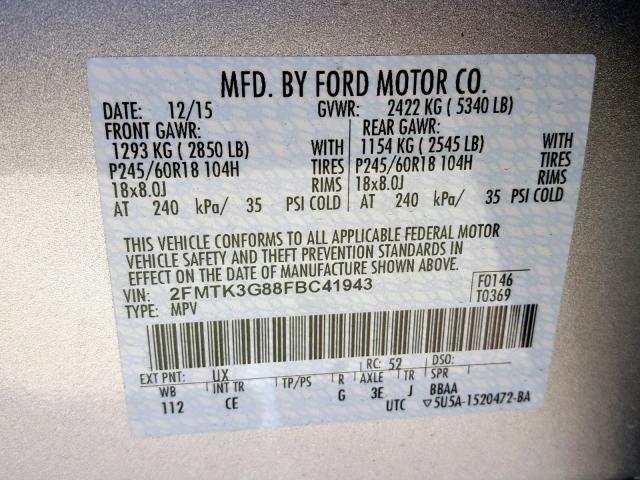 2FMTK3G88FBC41943 - 2015 FORD EDGE SE SILVER photo 10