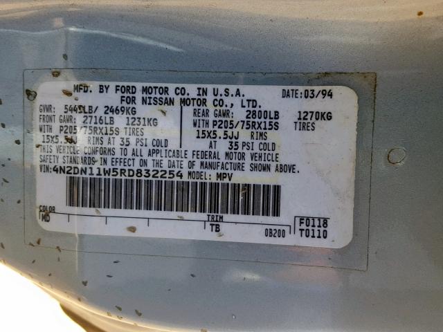 4N2DN11W5RD832254 - 1994 NISSAN QUEST XE SILVER photo 10