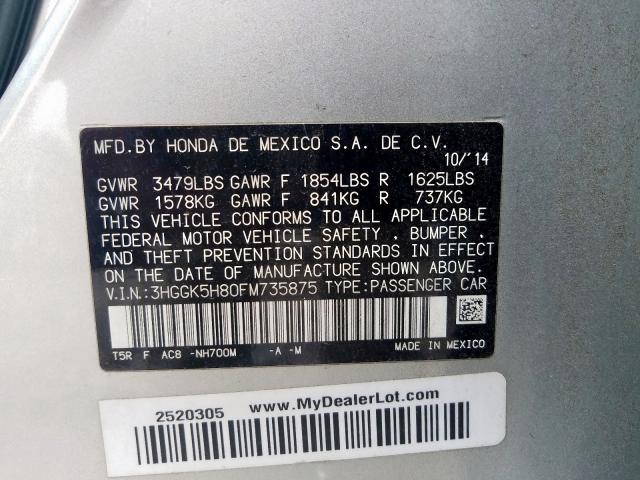 3HGGK5H80FM735875 - 2015 HONDA FIT EX  photo 10