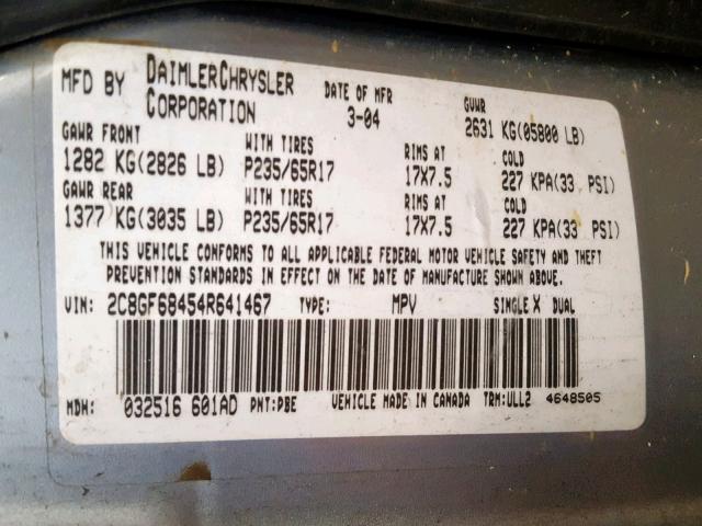 2C8GF68454R641467 - 2004 CHRYSLER PACIFICA BLUE photo 10