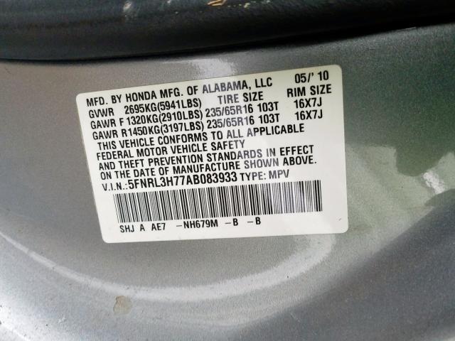 5FNRL3H77AB083933 - 2010 HONDA ODYSSEY EXL  photo 10