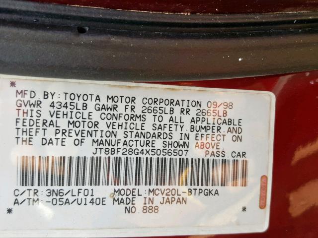 JT8BF28G4X5056507 - 1999 LEXUS ES 300 MAROON photo 10