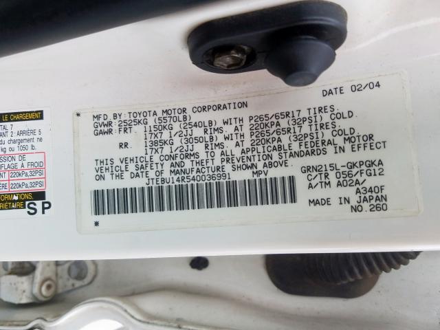 JTEBU14R540036991 - 2004 TOYOTA 4RUNNER SR5  photo 10