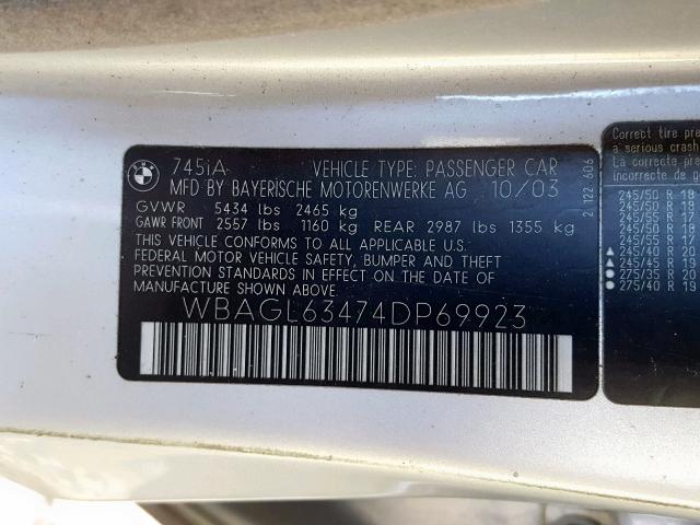 WBAGL63474DP69923 - 2004 BMW 745 I SILVER photo 10