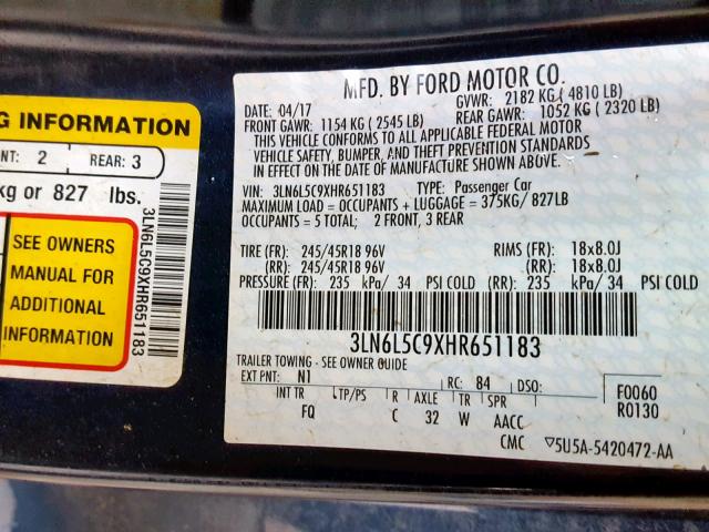 3LN6L5C9XHR651183 - 2017 LINCOLN MKZ SELECT BLUE photo 10