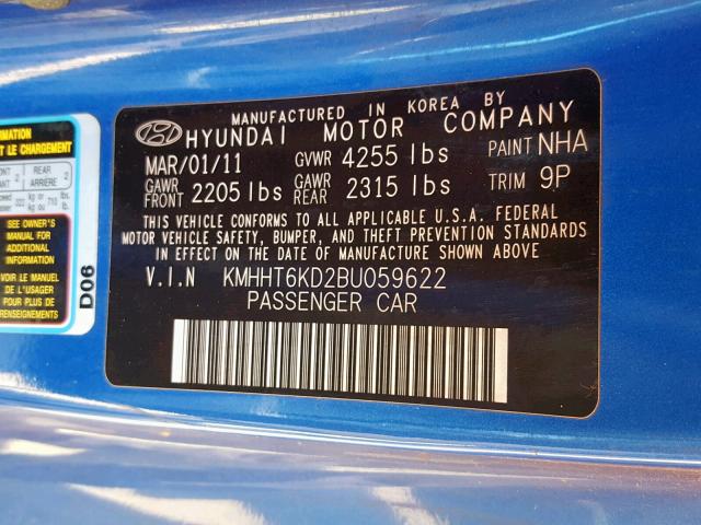 KMHHT6KD2BU059622 - 2011 HYUNDAI GENESIS CO BLUE photo 10