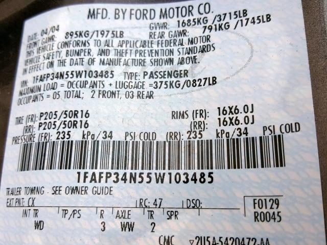 1FAFP34N55W103485 - 2005 FORD FOCUS ZX4 GRAY photo 10