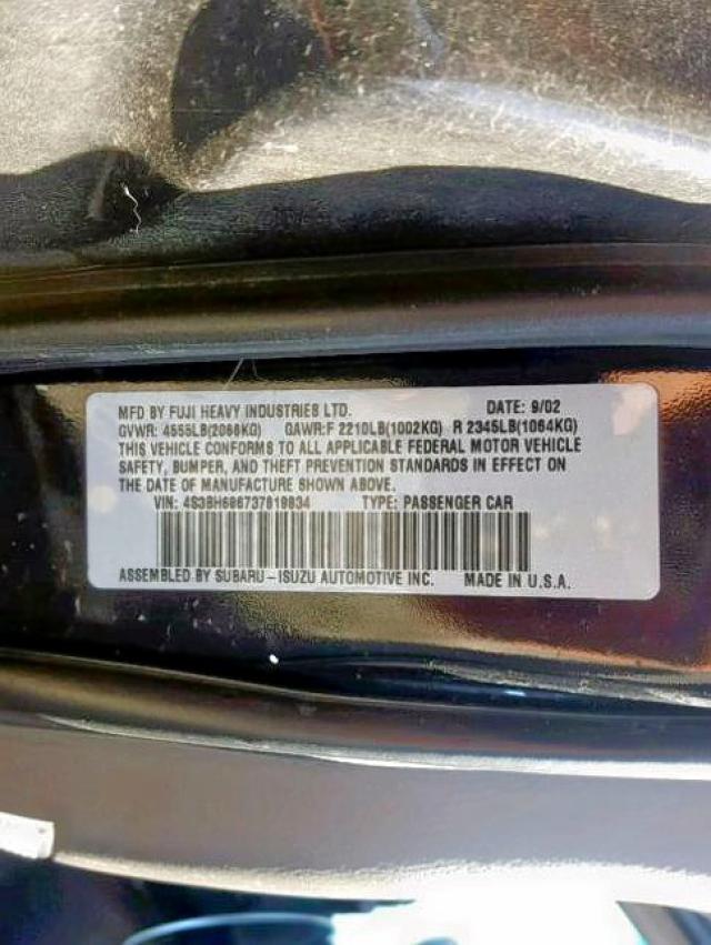 4S3BH686737619834 - 2003 SUBARU LEGACY OUT BLACK photo 10