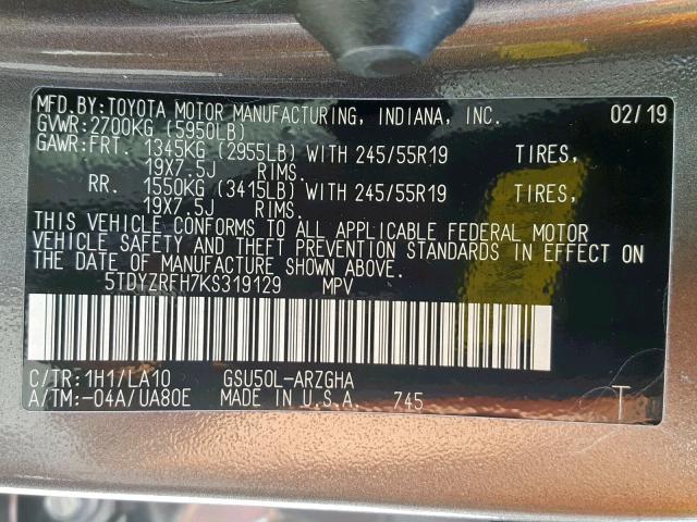 5TDYZRFH7KS319129 - 2019 TOYOTA HIGHLANDER GRAY photo 10