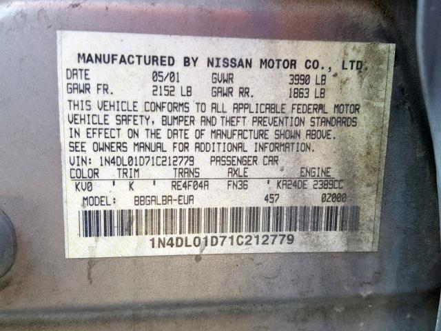 1N4DLQ1D71C212779 - 2001 NISSAN ALTIMA XE BLUE photo 10