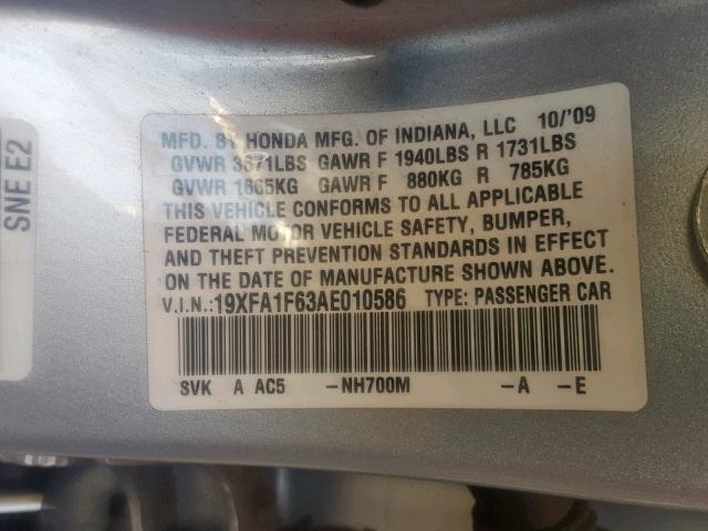 19XFA1F63AE010586 - 2010 HONDA CIVIC LX-S Gümüş foto 10