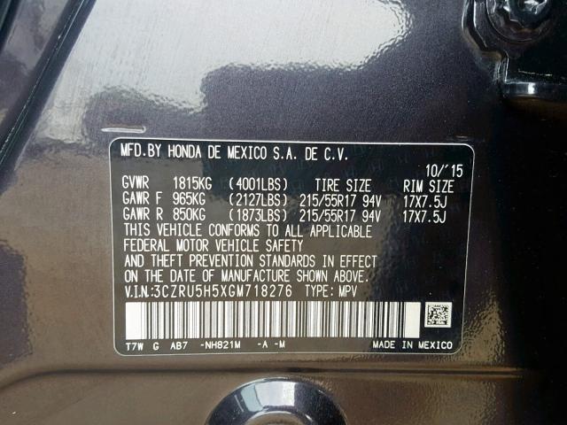 3CZRU5H5XGM718276 - 2016 HONDA HR-V EX GRAY photo 10