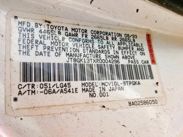 JT8GK13TXR0004296 - 1994 LEXUS ES 300 WHITE photo 10