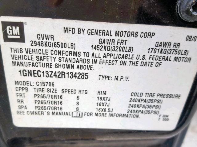 1GNEC13Z42R134285 - 2002 CHEVROLET TAHOE BLACK photo 10