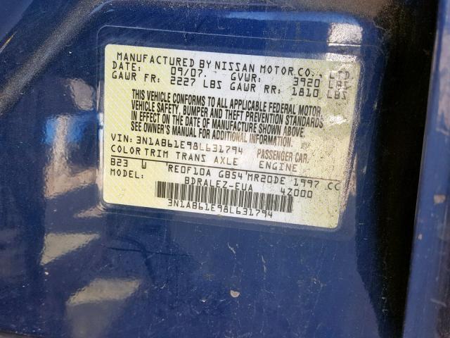 3N1AB61E98L631794 - 2008 NISSAN SENTRA 2.0 BLUE photo 10