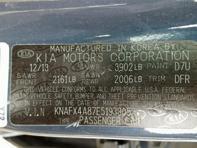 KNAFX4A87E5193305 - 2014 KIA FORTE EX BLUE photo 10