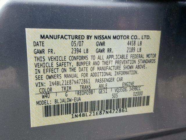 1N4BL21E87N472861 - 2007 NISSAN ALTIMA 3.5 SILVER photo 10