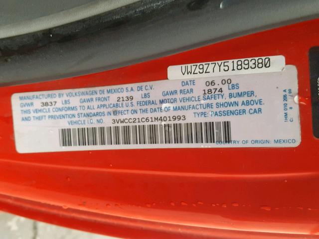 3VWCC21C61M401993 - 2001 VOLKSWAGEN NEW BEETLE წითელი ფოტო 10