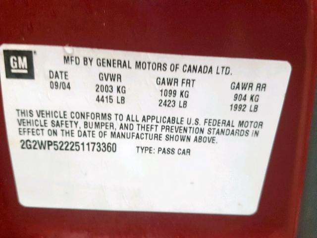 2G2WP522251173360 - 2005 PONTIAC GRAND PRIX 栗色 照片 10