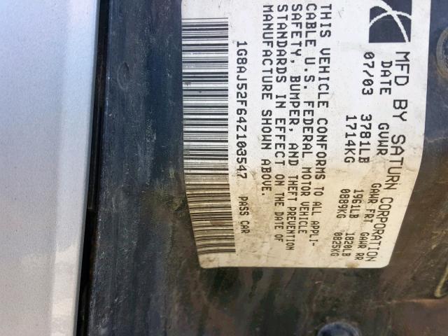 1G8AJ52F64Z103547 - 2004 SATURN ION LEVEL SILVER photo 10