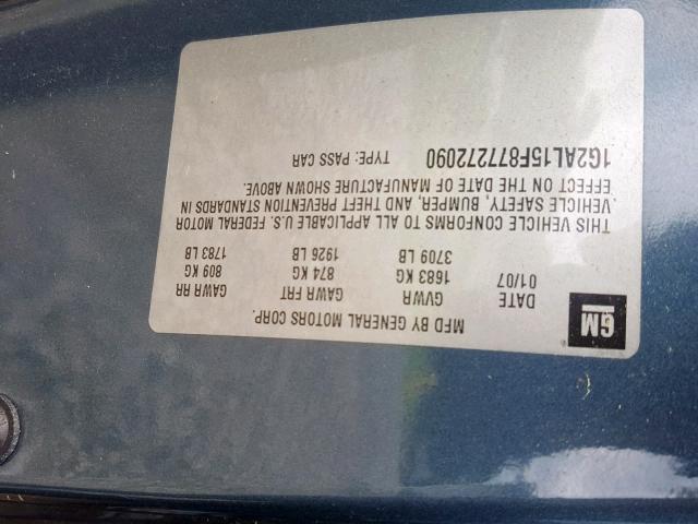 1G2AL15F877272090 - 2007 PONTIAC G5 BLUE photo 10