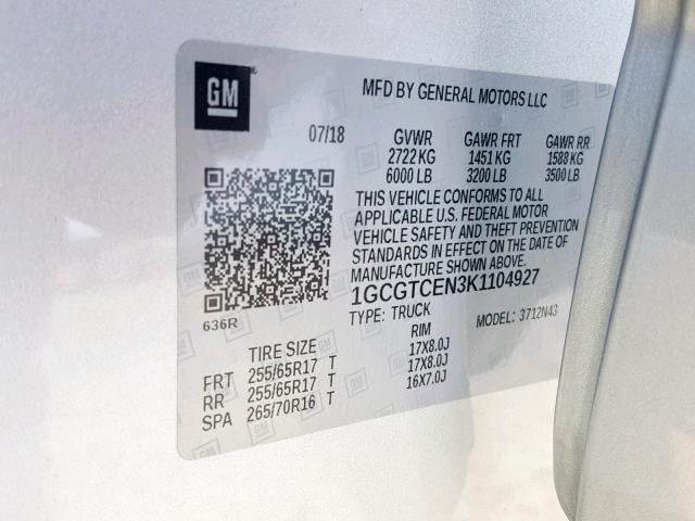 1GCGTCEN3K1104927 - 2019 CHEVROLET COLORADO L SILVER photo 10