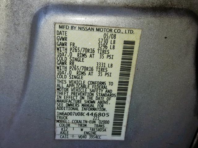 1N6AD07U08C446805 - 2008 NISSAN FRONTIER C SILVER photo 10