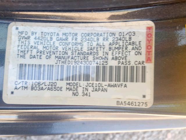 JTHED192430074125 - 2003 LEXUS IS 300 SPO GRAY photo 10