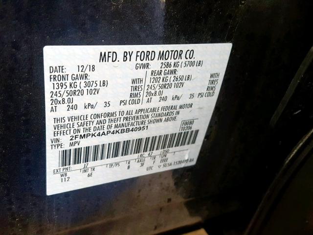 2FMPK4AP4KBB40951 - 2019 FORD EDGE ST GRAY photo 10