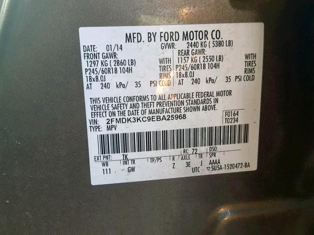 2FMDK3KC9EBA25968 - 2014 FORD EDGE LIMIT GRAY photo 10