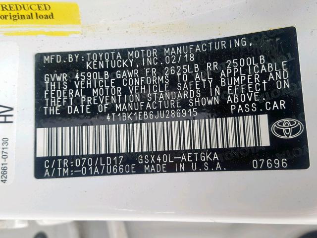 4T1BK1EB6JU286915 - 2018 TOYOTA AVALON XLE WHITE photo 10