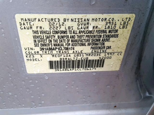 3N1AB6AP1CL706174 - 2012 NISSAN SENTRA 2.0 SILVER photo 10