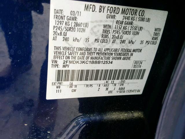 2FMDK3KC1BBB12534 - 2011 FORD EDGE LIMIT BLUE photo 10