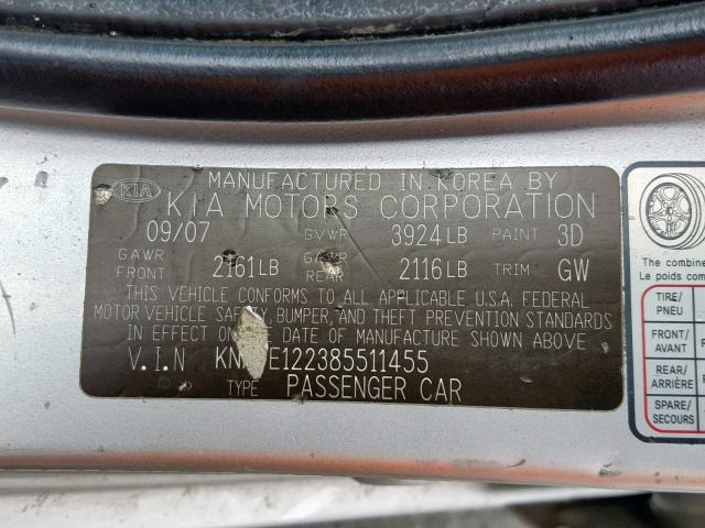 KNAFE122385511455 - 2008 KIA SPECTRA EX GRAY photo 10