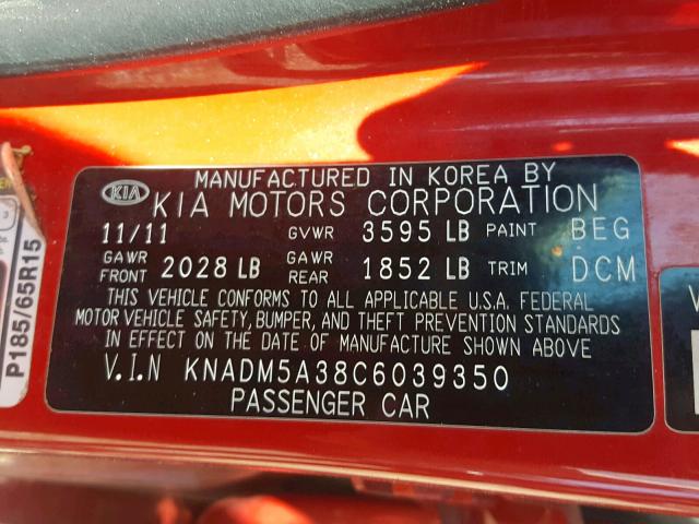 KNADM5A38C6039350 - 2012 KIA RIO LX RED photo 10