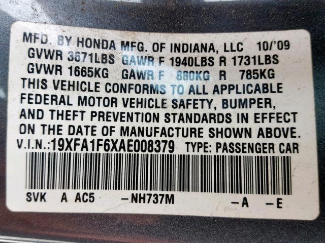 19XFA1F6XAE008379 - 2010 HONDA CIVIC LX-S Մոխրագույն լուսանկար 10