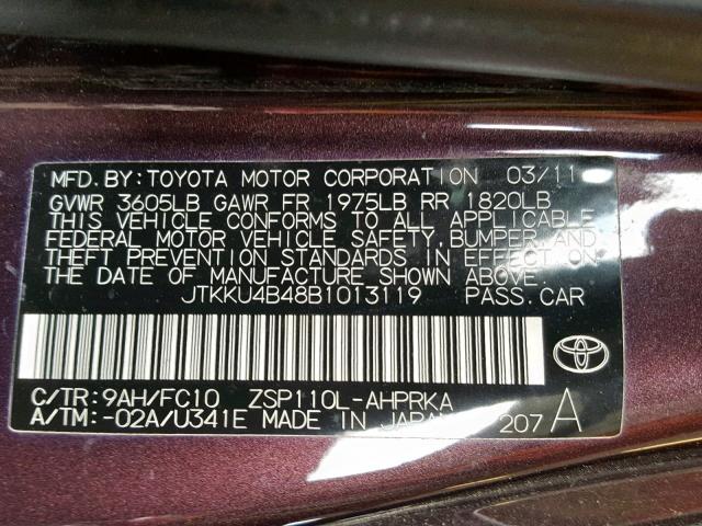 JTKKU4B48B1013119 - 2011 TOYOTA SCION XD BURGUNDY photo 10